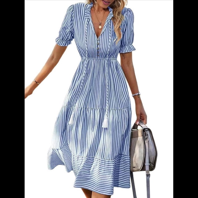 Vestido de Verano para Mujer, con Mangas Abullonadas y Volantes, Cuello en V, Cintura Alta, Informal, Holgado, A Rayas, Midi Azul Real L