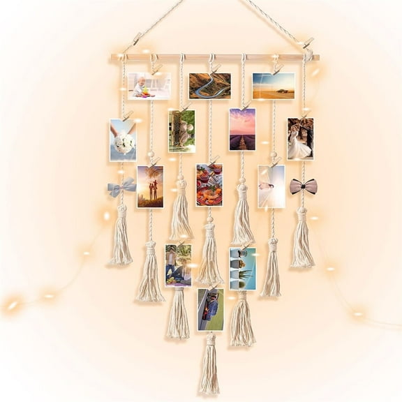 Hanging Photo Display,Picture Holder with LED String Light Decor,Wall Collage Picture Frames with 20 Clips for Dorm Bedroom Living Room,Topboutique Hanger Accessories,Beige