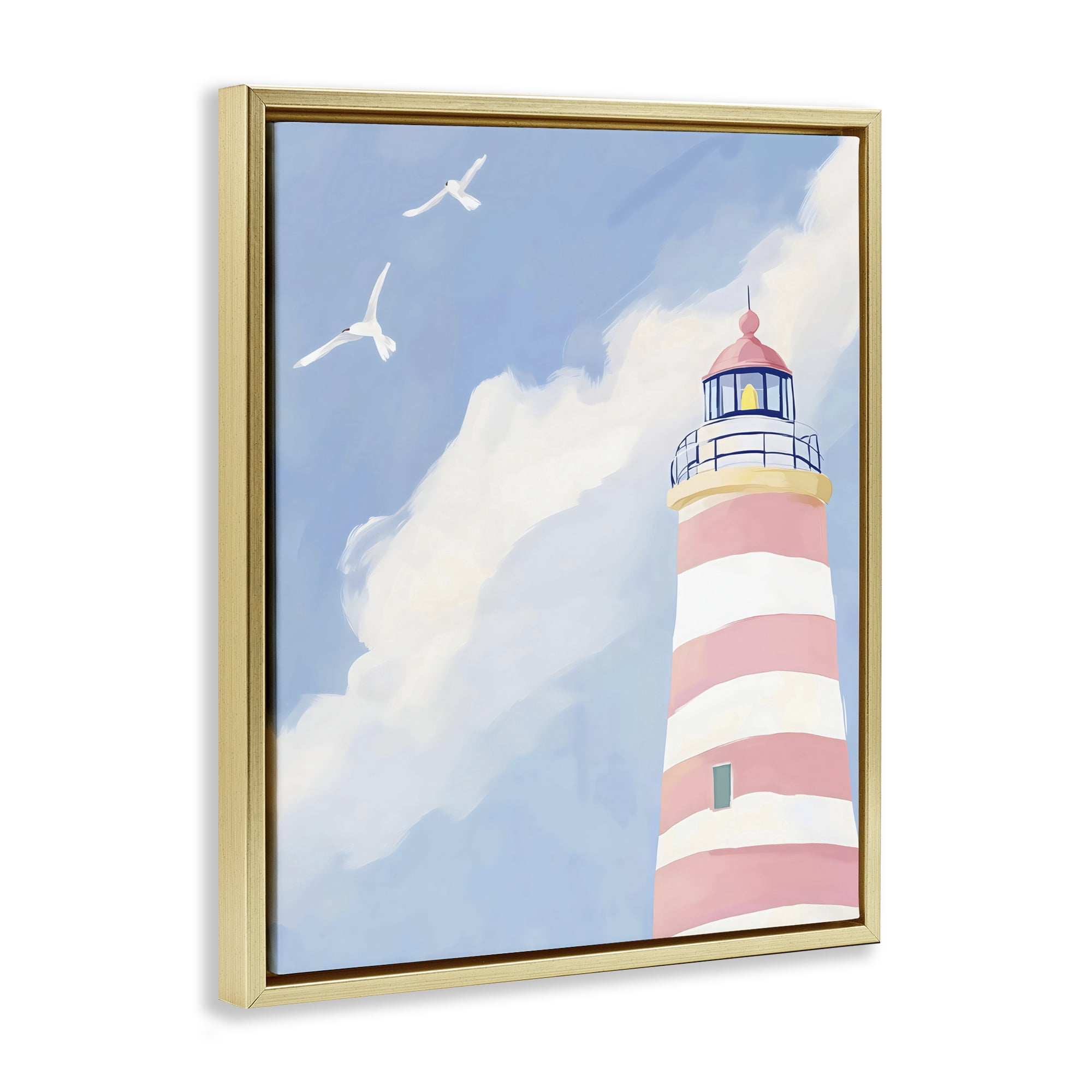 Stupell Industries Striped Lighthouse with Seagulls Gold Framed Floater Canvas Wall Art, design by The Prints Vibe