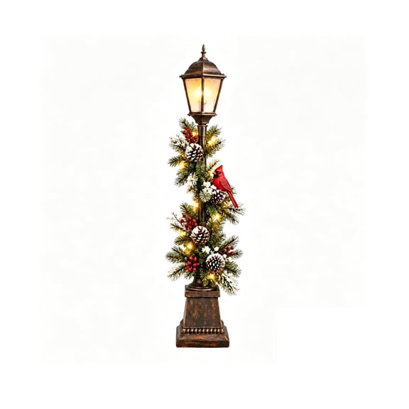 Vintage Christmas Street Lamp with Snow-CoveCardinal Figure 7.9 in Light Up Tabletop Holiday Decoration
