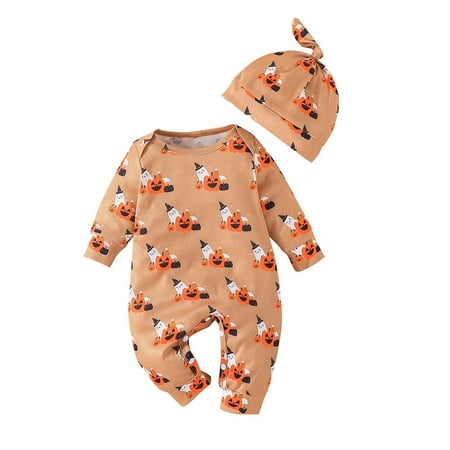 

XYIJANI New Baby Newborn Baby Girl Romper Long Sleeved Cartoon Pumpkin Hat Print Harness Outside Bodysuit Romper Jumpsuit Clothes 9 Month Baby Boy Clothes (Khaki 18M)