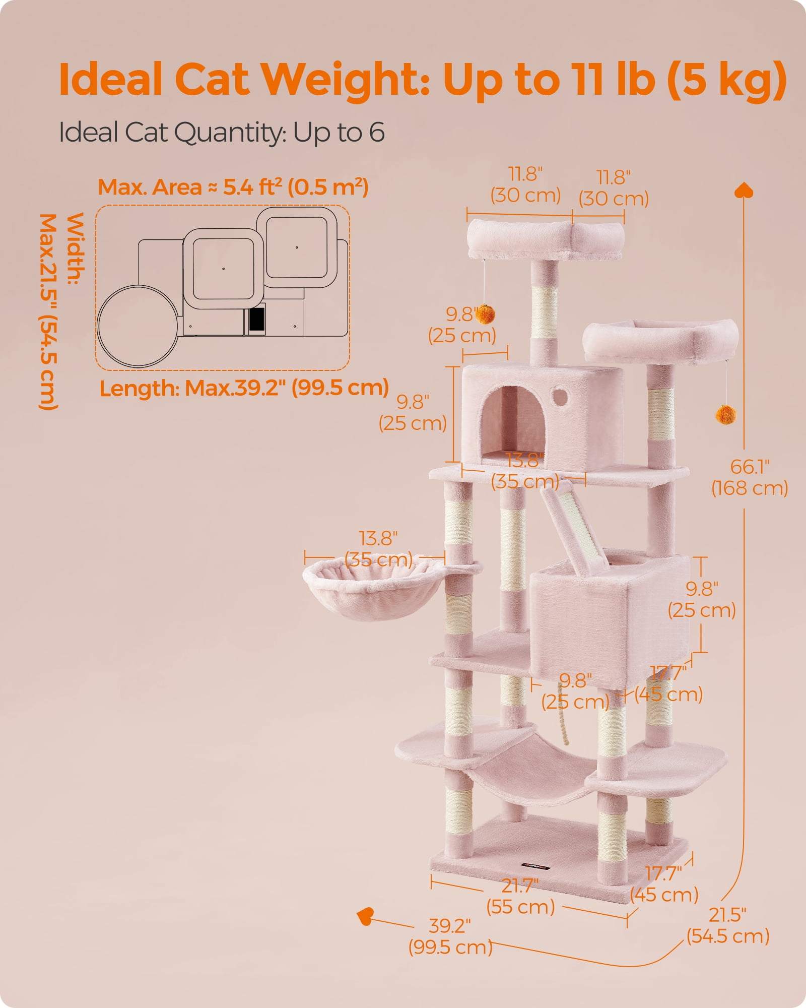 66.1"H Cat Tree Cat Tower for Indoor Cats, Plush Multi-Level Cat Condo with Scratching Posts, Perches, Caves, Hammock, Jelly Pink