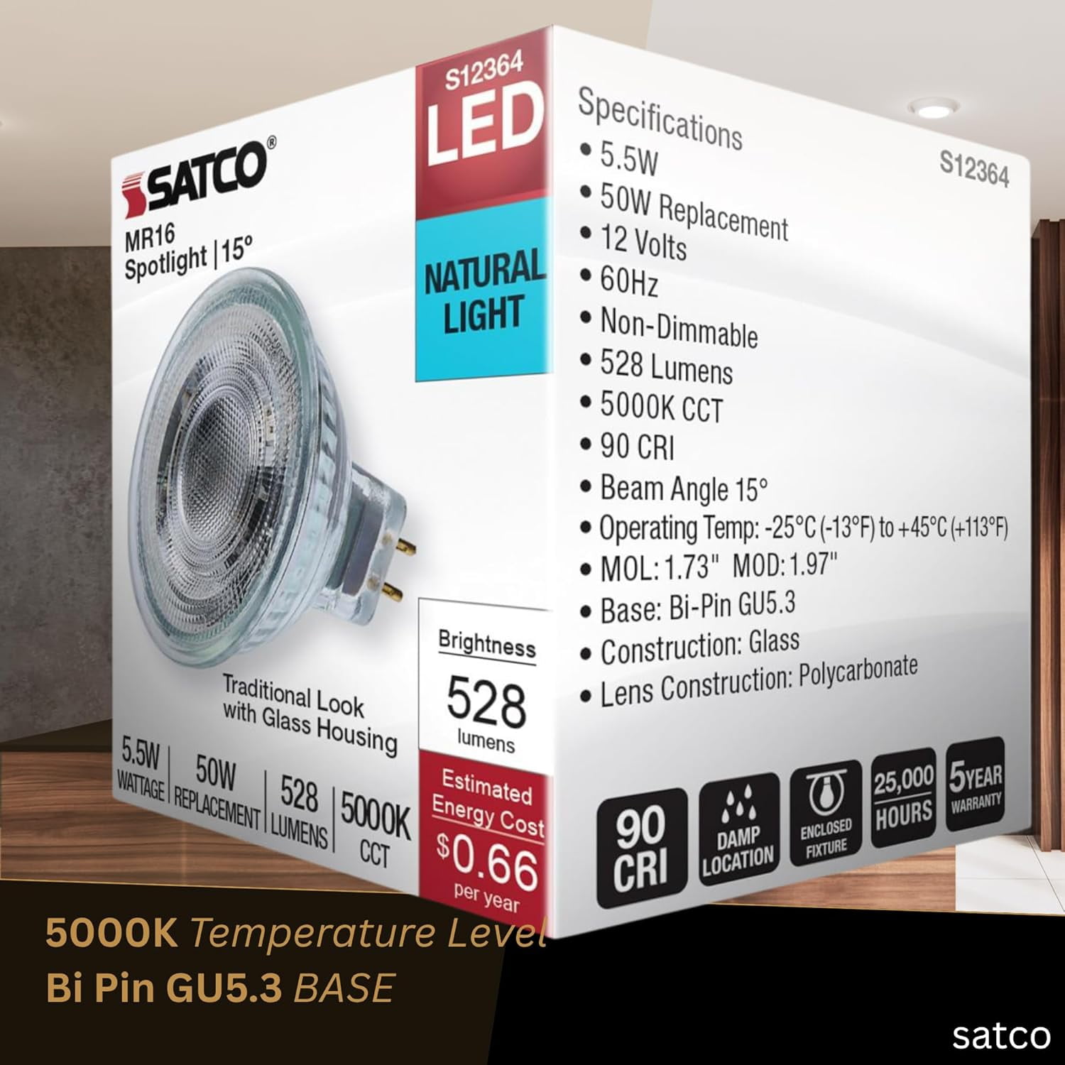 Satco S12364 MR16 LED Flood Light Bulbs 12V 5.5W 5000K GU5.3 Base Dimmable (12 Pack)