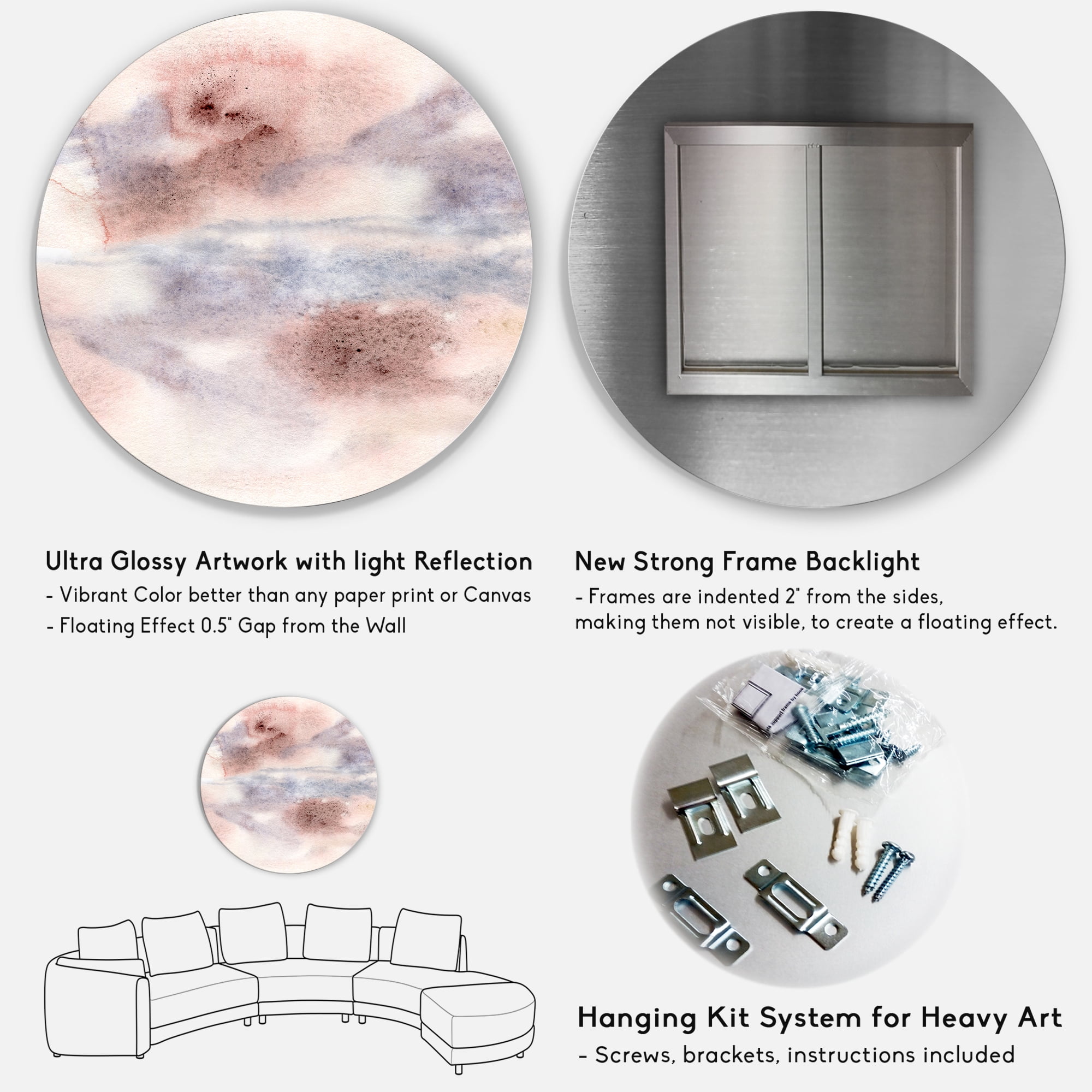 Designart 'Pastel Abstract With Gray Blue Pink and Red Spots' Modern Circle Metal Wall Art 36x36 - Disc of 36