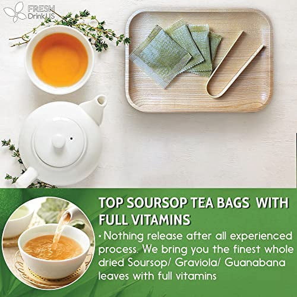 FreshDrinkUS, 105 Premium Soursop Graviola Leaf Tea Bags, The Finest Soursop Tea, 100% Natural And Pure, Handmade, Made With Natural Materials-Corn Fiber Tea Bag, Sugar/ Caffeine/ Gluten Free, Hoja Guanabana