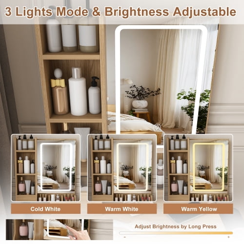 Modern Vanity Desk Set with LED Lighted Mirror, 3 Color Lighting Modes Adjustable Brightness, Built-in Power Outlet & Hair Dryer Holder, Drawers & Open Storage Shelves, Dressing Chair, Walnut