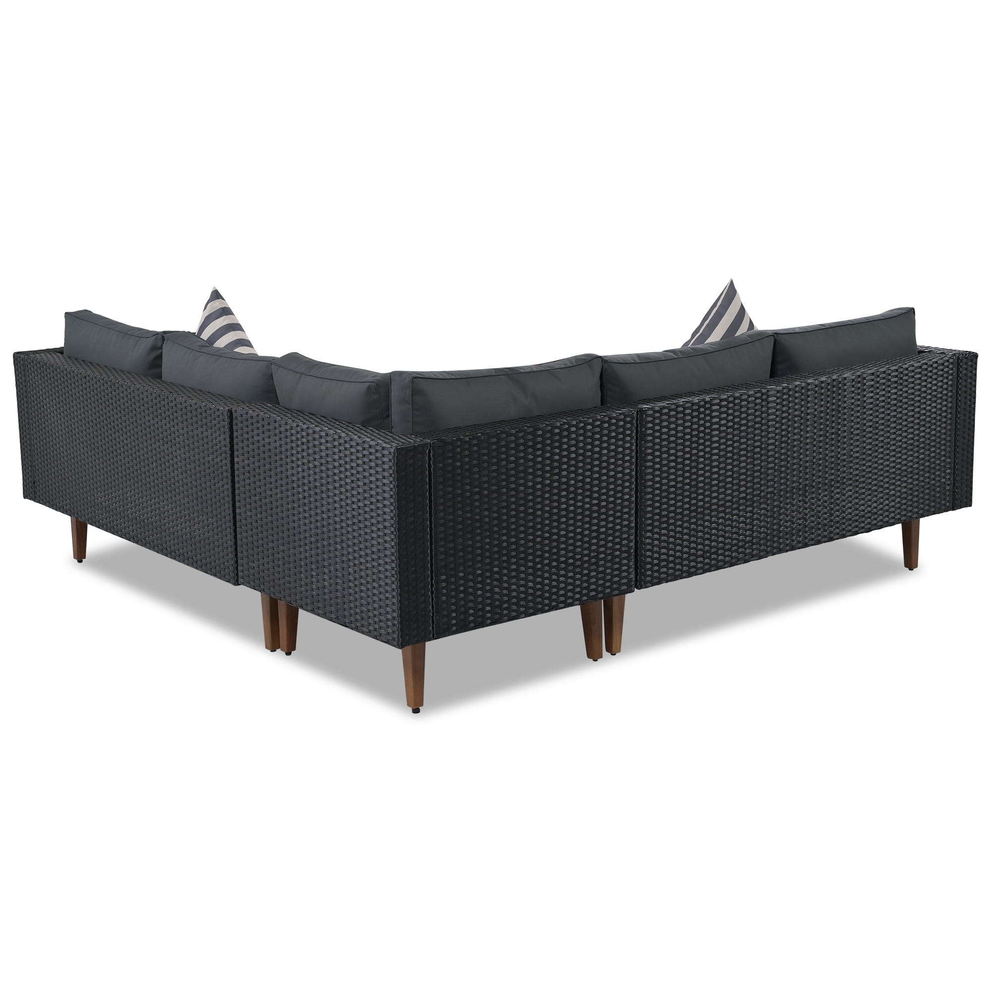 Harper & Bright Designs Outdoor Wicker Sofa Set with Coffee Table, 4 Pieces Patio Rattan Modular Conversation Set with Wood Leg, All Weather PE Wicker L Shaped Couch for Garden Backyard, Black+ Gray