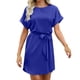 thumbnail image 1 of Vestido de Manga Corta para las Mujeres, Color Sólido Encaje Hasta Cintura Retracta Satén Tenedor Dividido, Cuello Redondo Midi, 1 of 8