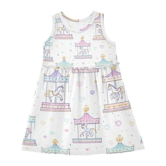 Girls Dress Carousel Sleeveless Dress for Girls Hem A-Line Casual Sundress