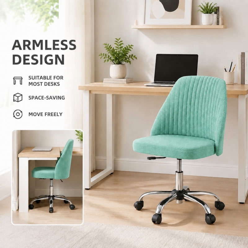 BEAUTYPEAK Armless Vanity Chair Adjustable Swivel Fabric Desk Chair with Padded Seat Wheels Mid-Back Office Chair, Mint