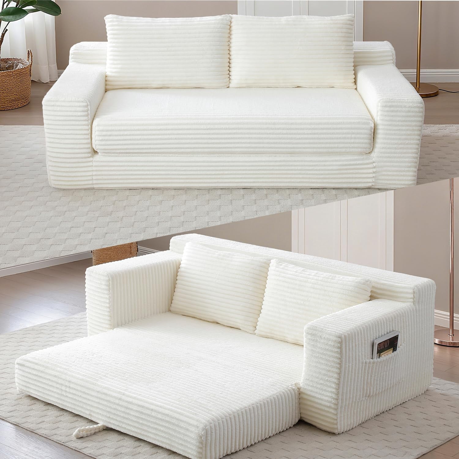 73" 2-in-1 Convertible Sofa Bed, Memory Foam Corduroy Loveseat, No Assembly, Beige