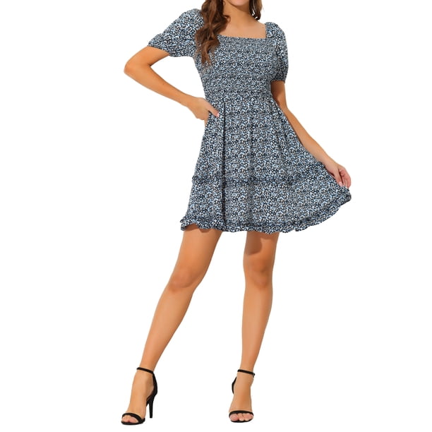 Allegra K Vestido Mini Midi Floral con Mangas Cortas y Volantes en el Dobladillo Negro M