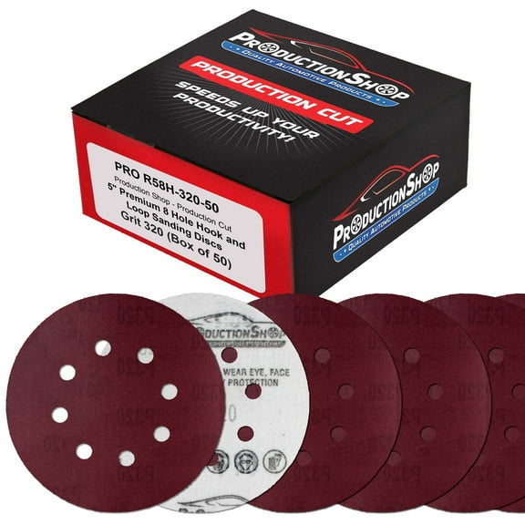 ProductionShop Premium 5" Red 8-Hole Pattern 320 Grit Sanding Discs, Box of 50 - Dustless Hook & Loop Backing Sandpaper for Random Orbital Sanders, Extra-Fine-Cut Abrasive - Woodworking, Auto Paint
