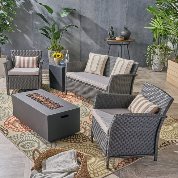 Anton Outdoor 5 Piece Wicker Chat Set with Fire Pit and Tank Holder, Gray, Silver, Dark Gray