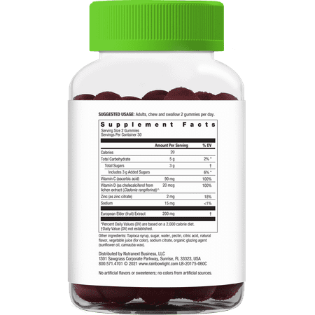 Rainbow Light Vitamins C and D Dietary Supplement Gummies, Elderberry, 200 mg, 60 Count