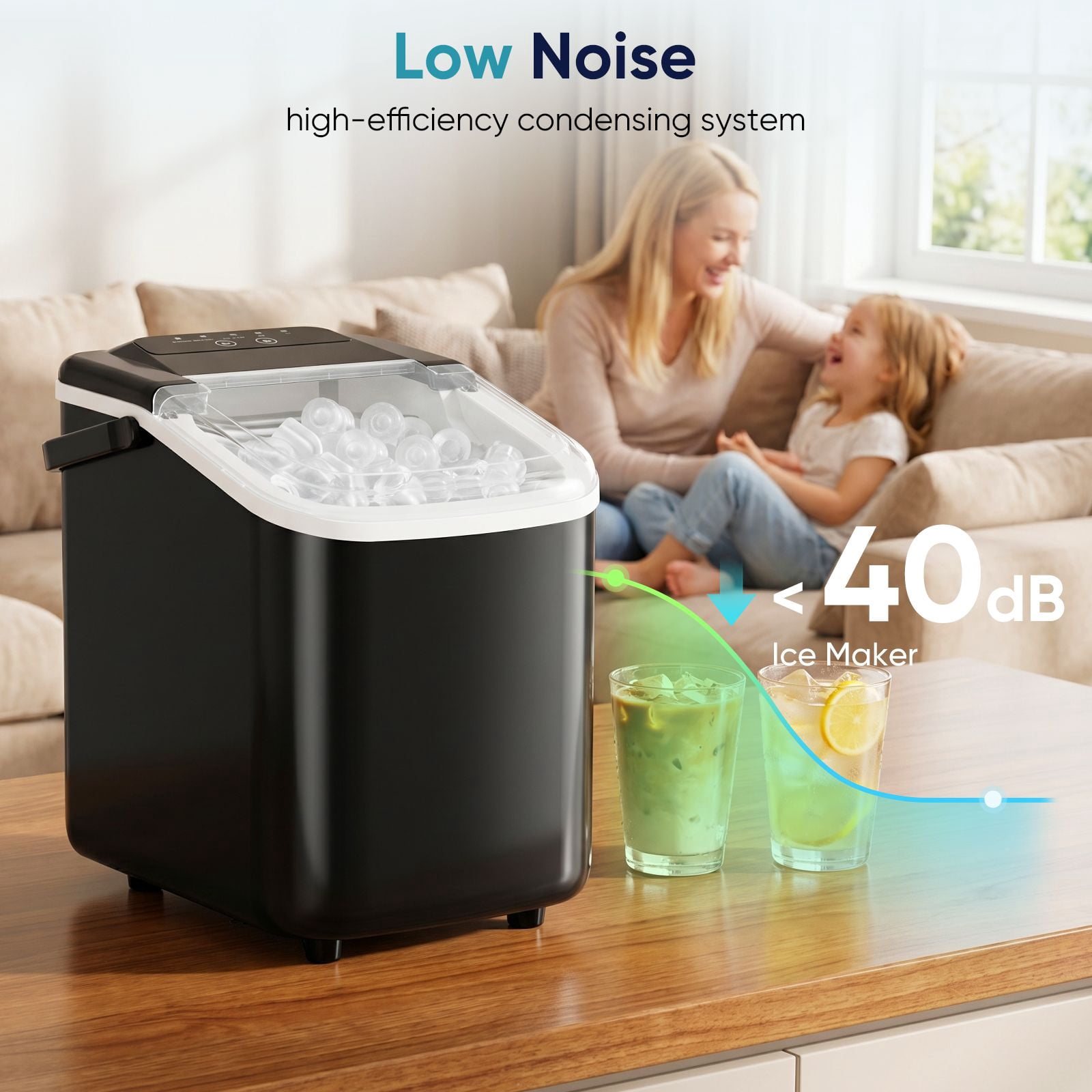 ZHICHUN Portable Desktop Ice Maker 6-8 Mins Fast Ice Machine with Handle Basket Spoon Self-Cleaning