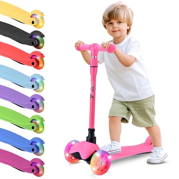 Hurtle Mini Kickboard Scooter for Kids - Height Adjustable 25''-28'', Lightweight 3-Wheel with LED Light-up Wheels, Anti-Slip,Indoor/Outdoor Fun, Micro Scooters for Ages 2-5 (Watermelon)
