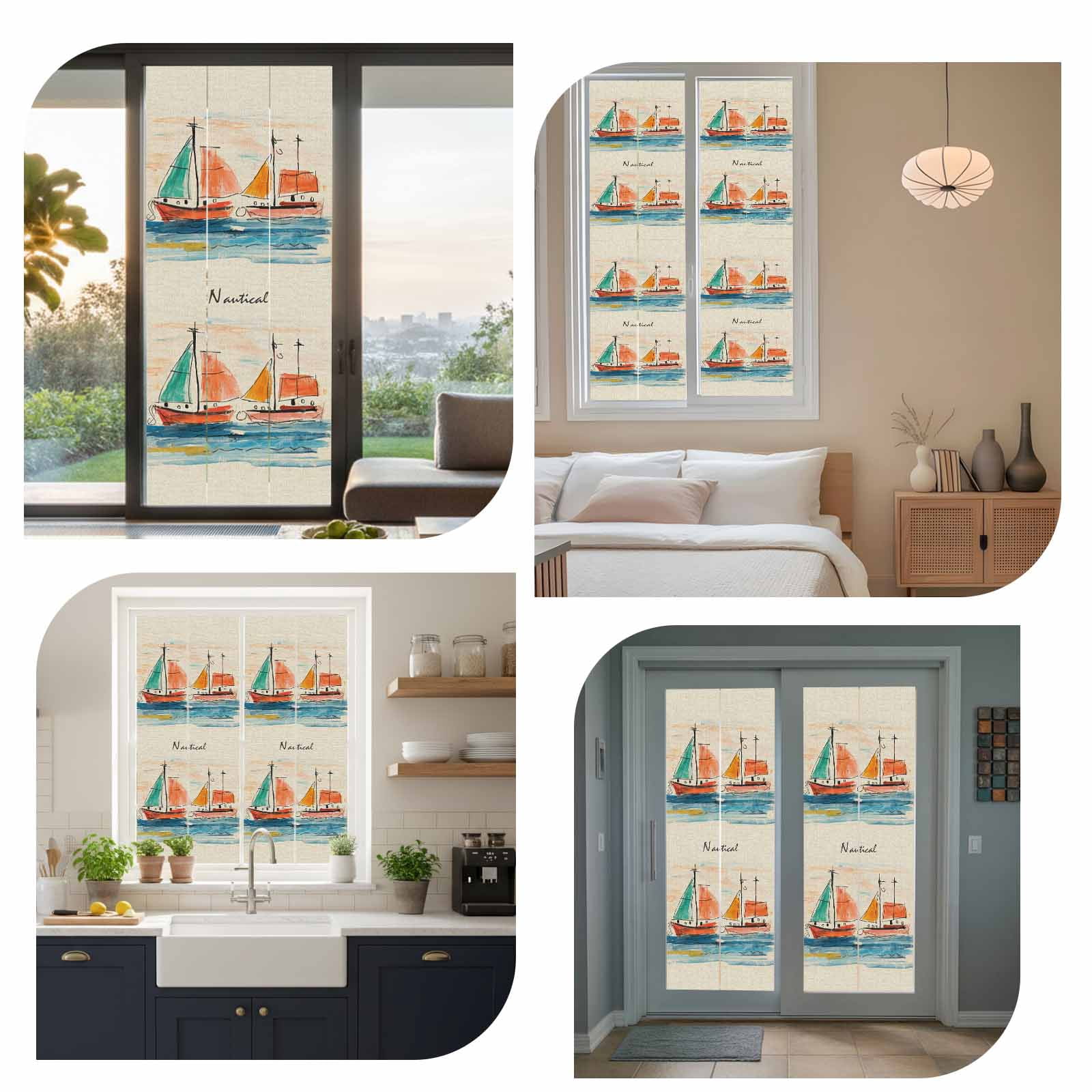 Nautical Boat, Window Privacy Film, Coastal Sailing Ship Ocean Painted Sea Static Cling UV Sun Blocking Heat Control Window Tint, Non-Adhesive One Way Windows Privacy Cover 35.4''x78.7''