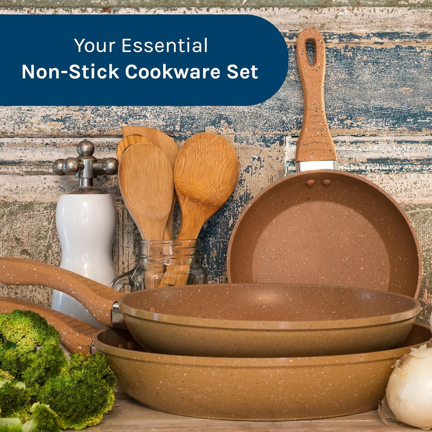 Picca Gravina 3-Piece Large Frying Pan Set - Easy Clean Marble Non Stick Cooking Pan Set with Mineral Based Coating - No PFAS/PFOS/PFOA - Light Brown - 8in, 10.4in, 12in