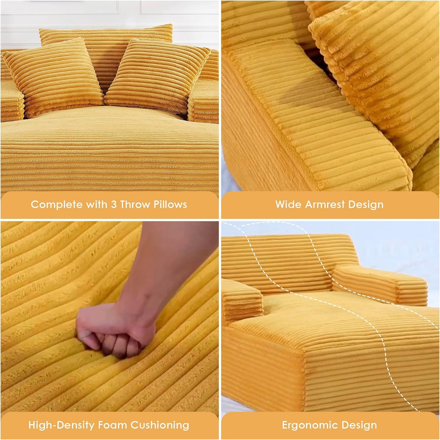 US Pride Furniture Oversized Cozy Corduroy, Foam Comfy Couch with 3 Throw Pillows, No Assembly Sleeper Sofabed for Living Room or Bedroom,Gold
