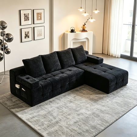AUU Modern L-Shaped 4-Seat Chenille Sectional Sofa with Side Pockets, Wireless Charging, USB Ports, Cup Holder, Bluetooth Speaker, and Reversible Chaise, Black