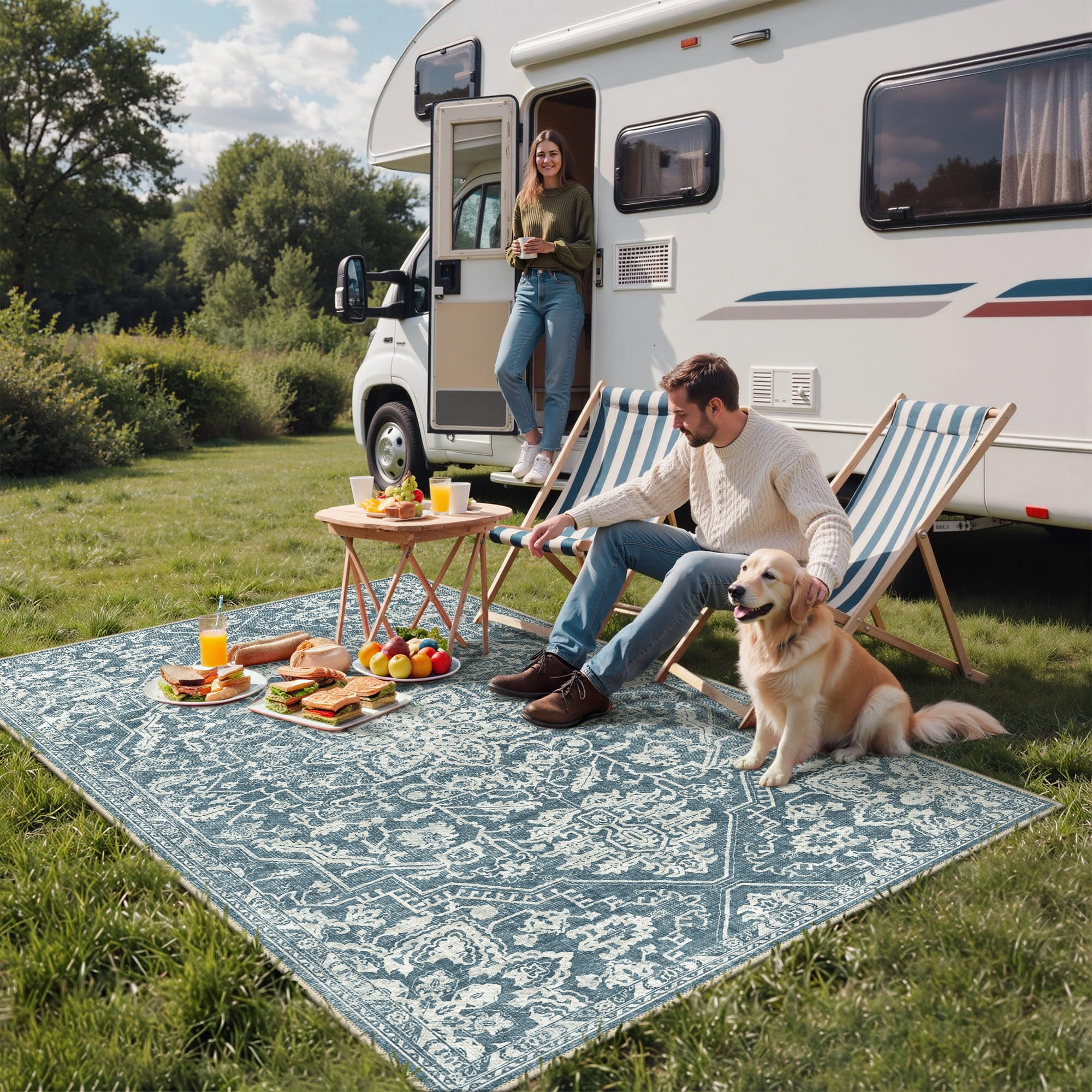 Outdoor & Indoor Area Rug 8'x10'  Waterproof Non-shedding Easy Cleaning Boho Front Door Mat For Patio Entryway Porch Living Room Bedroom Bathroom Outside Carpet Aqua Green