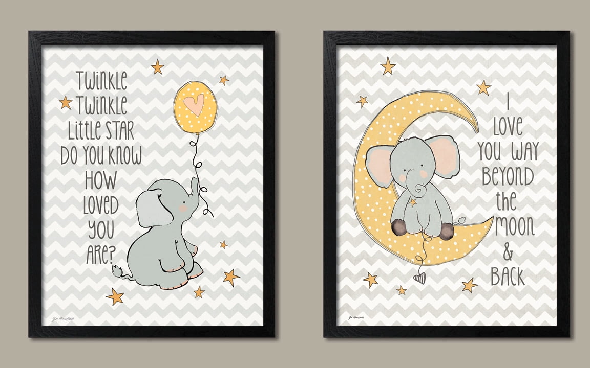 Elephant Twinkle Love and Two the Moon on Chevron; Two 8x10in Poster Prints 