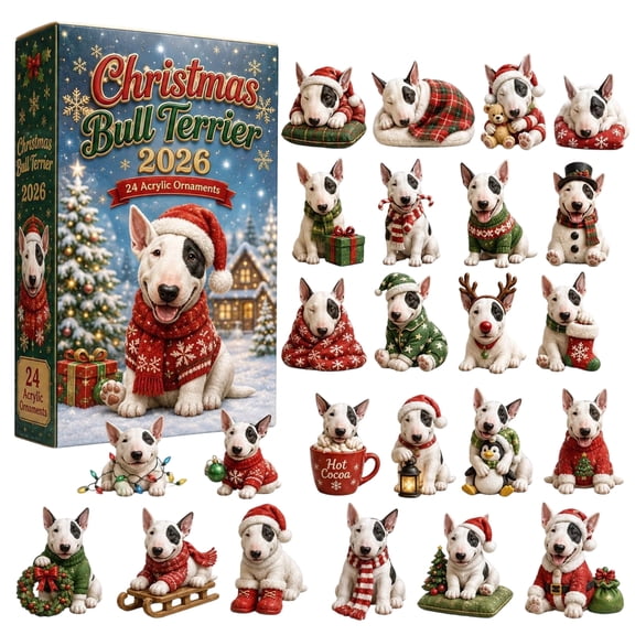 Clearacne!! 2026 Christmas Bull Terrier 24Pcs Acrylic Ornaments Set, 2D Flat Christmas Dog Hanging Decorations, Advent Calendar Style Xmas Tree Ornament Gift Box