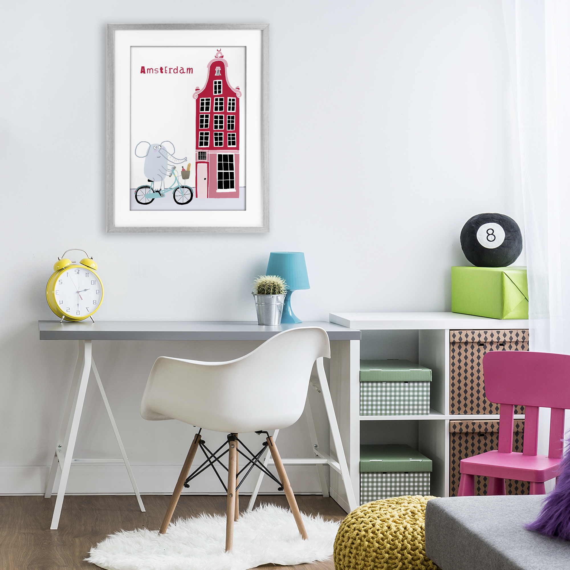 Elephant & Amsterdam Building Gray Framed Print Under Glass, design by Carla Daly