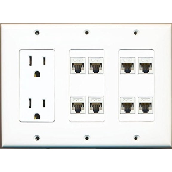 RiteAV 15A 125V Power Outlets 8 x Cat5e Ethernet Triple 3 Gang Wall Plate