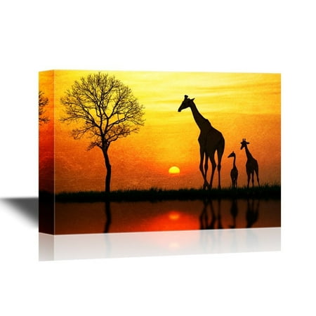 - wall26 - African Savanna Sunset Canvas Wall Art - Giraffe Family on African Savannah - Gallery Wrap Modern Home Decor | Ready to Hang - 32x48 inches