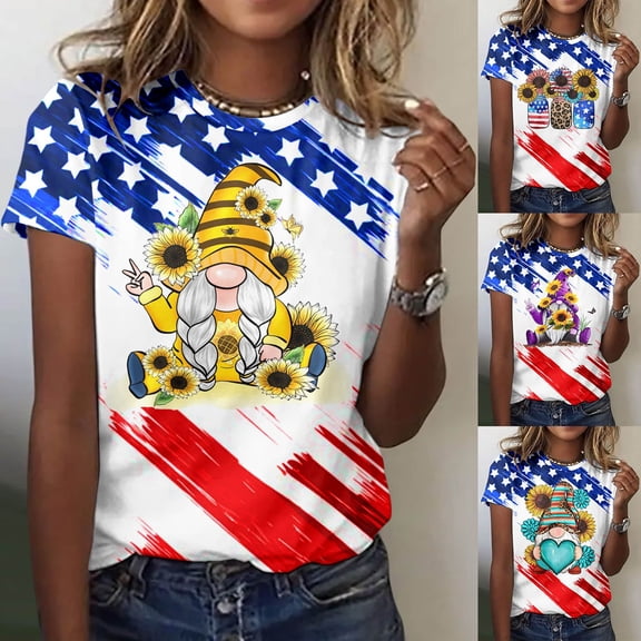 HCYSFG Womens Independence Day Crew Neck Top oversized Short Sleeve 4th of July Sunflower Print Shirt 250th Anniversary Tee