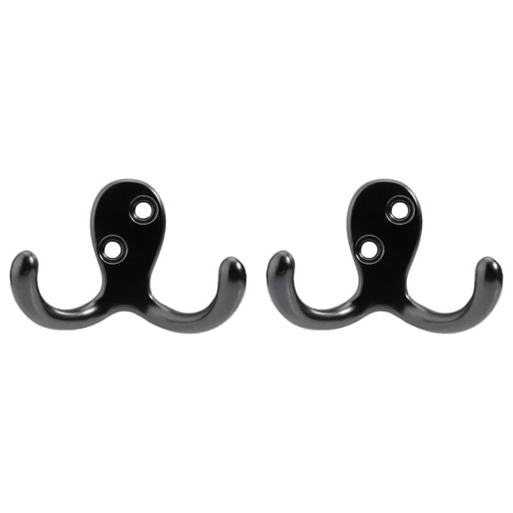 2 Pack Coat Hooks, Heavy Duty Double Prong Coat Hooks Wall Mounted , No Rust Black Metal Wall Hooks for Hanging Towel, Coat, Bag, Hat, Cup, Key