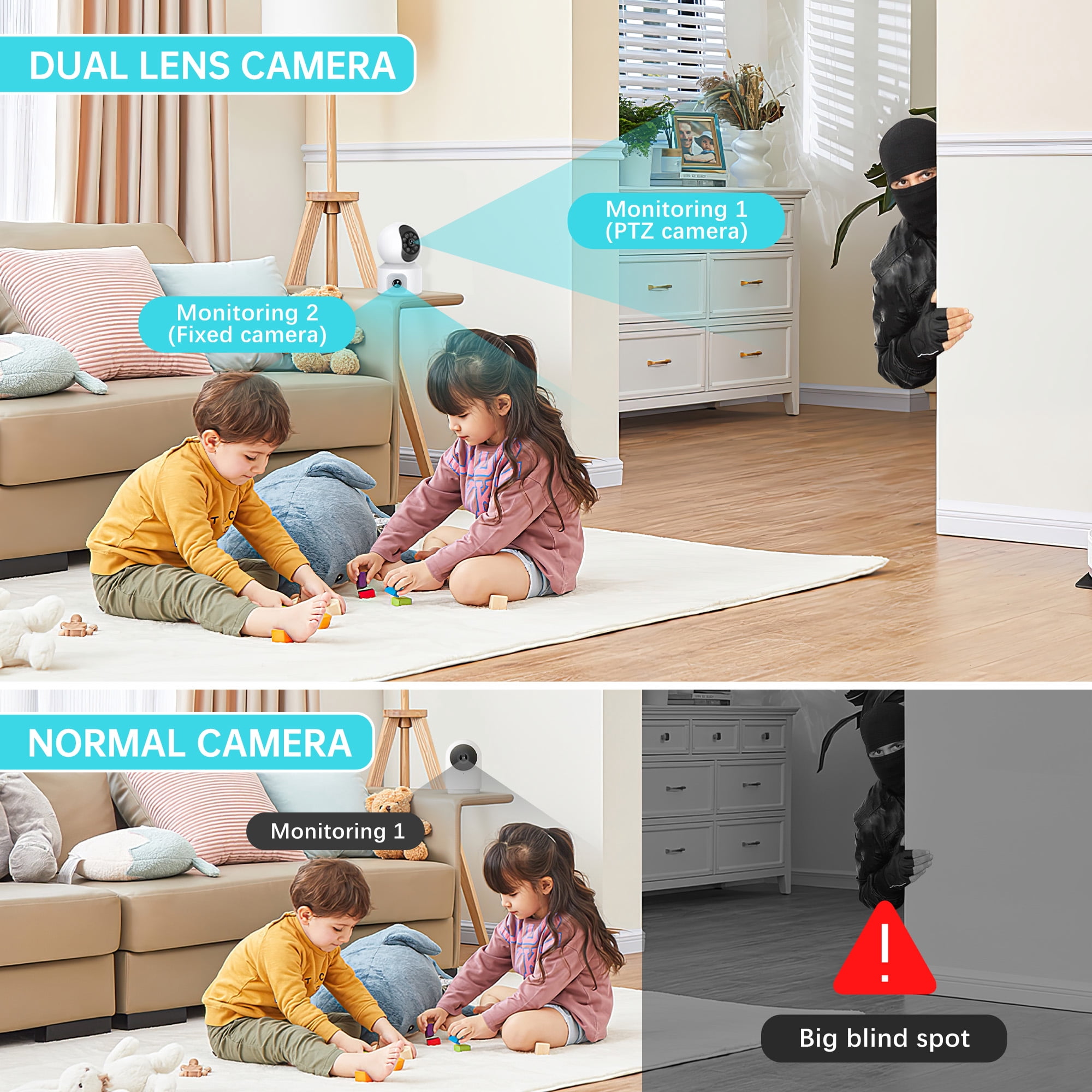 GPED Baby Monitor with Dual Cameras, 3K HD WiFi Security Camera W/ 360° PTZ & Fixed Camera,, Motion Tracking & Full-Color Night Vision for Baby Monitor/Pet Camera, 2-Way Audio for Baby Pet Elderly