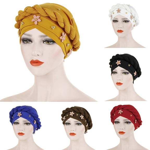 SPRING PARK Women Faux Pearls Flowers Twist pleated Hair Wrap stretch Turban Women's Head Wrap Cap Cover