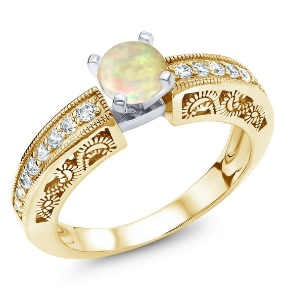 Gem Stone King 1.15 Ct Round Cabochon White Ethiopian Opal 18K Two-Tone Plated Sterling Silver Ring (Size 5)