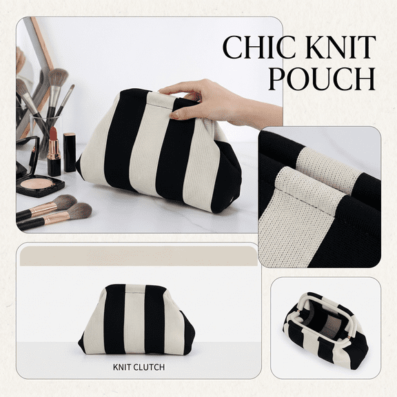 Womens Clutch, Striped Clutch, Soft Clutch, Casual Clutch, 12X8X4 Inch Black and White Ruched Fabric Purse with Secure Snap Closure, Lightweight Frame Design for Daily Carry