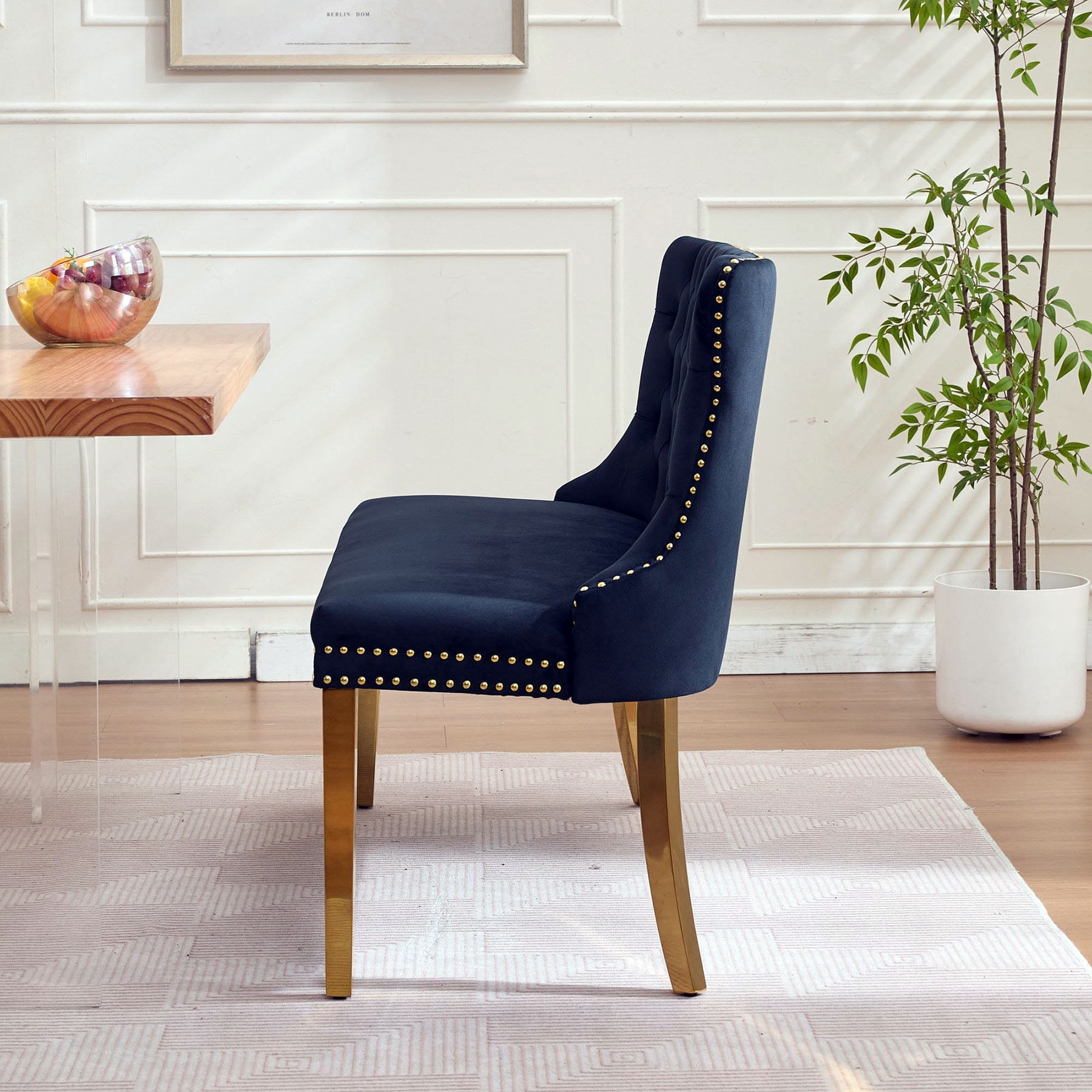 S-HOME Stylish Velvet Double Seat Loveseat Bench Featuring Handmade Buttons and Gold-Plated Steel Legs for Dining Areas, Black