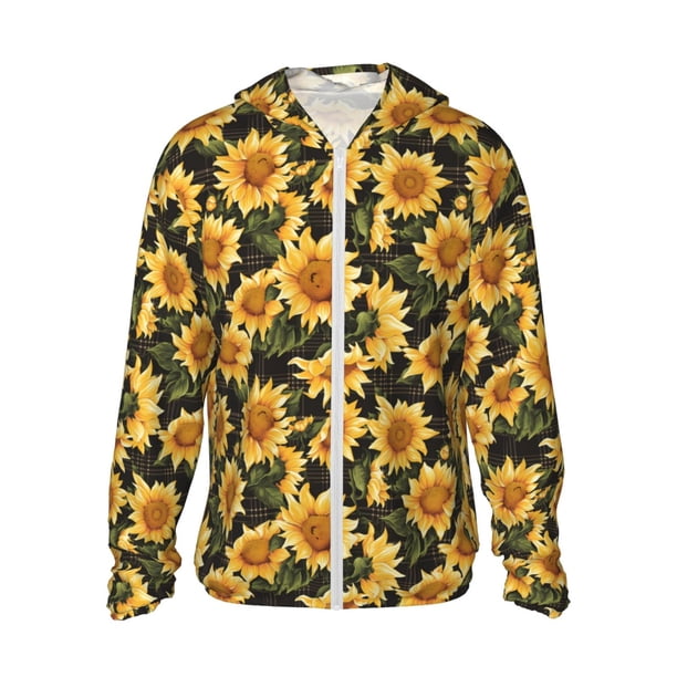Balery Vintage Black Plaid Sunflower Sudadera ligera de manga larga con capucha y protección solar UPF 50+ para hombre y mujer, ideal para pesca y running-3X-Large