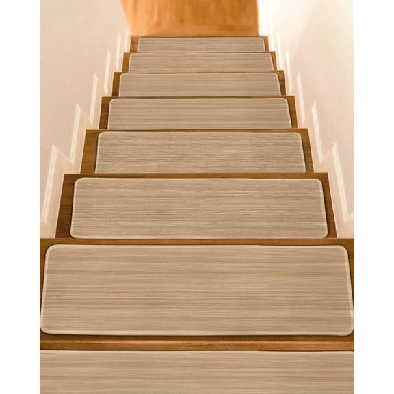 Beige Wood Grain Stair Treads Farmhouse Tree Wooden Texture Countryside Indoor Non Slip Peel and Stick Stair Treads for Wooden Steps 7 PCS, Soft Adhesive Staircase Mats Runner Rugs 8"x30"