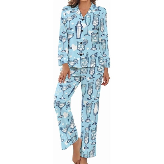 Top-kevin Martini Glasses Bottles Women's Long-Sleeve Shirt And Full-Length Bottom Pajama Set