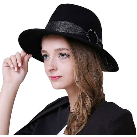 Classic Trilby Fedora Hat for Women Wool Felt Wide Brim Fall Winter ...