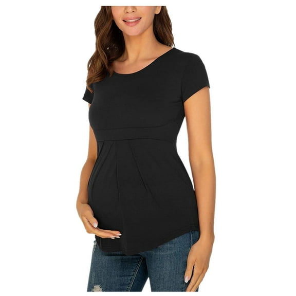 KIHOUT Summer Women Maternity Clothes Round Neck Short Sleeve Ruffle Fold Pregnant Tops