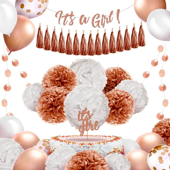 EpiqueOne - 52 Piece Rose Gold Decor Baby Shower Decorations for Girl Balloon Garland - Princess Baby Shower Decorations, It’s a Girl Banner for Gender Reveal, Boho Party Decor Baby Kit, Paper Straws