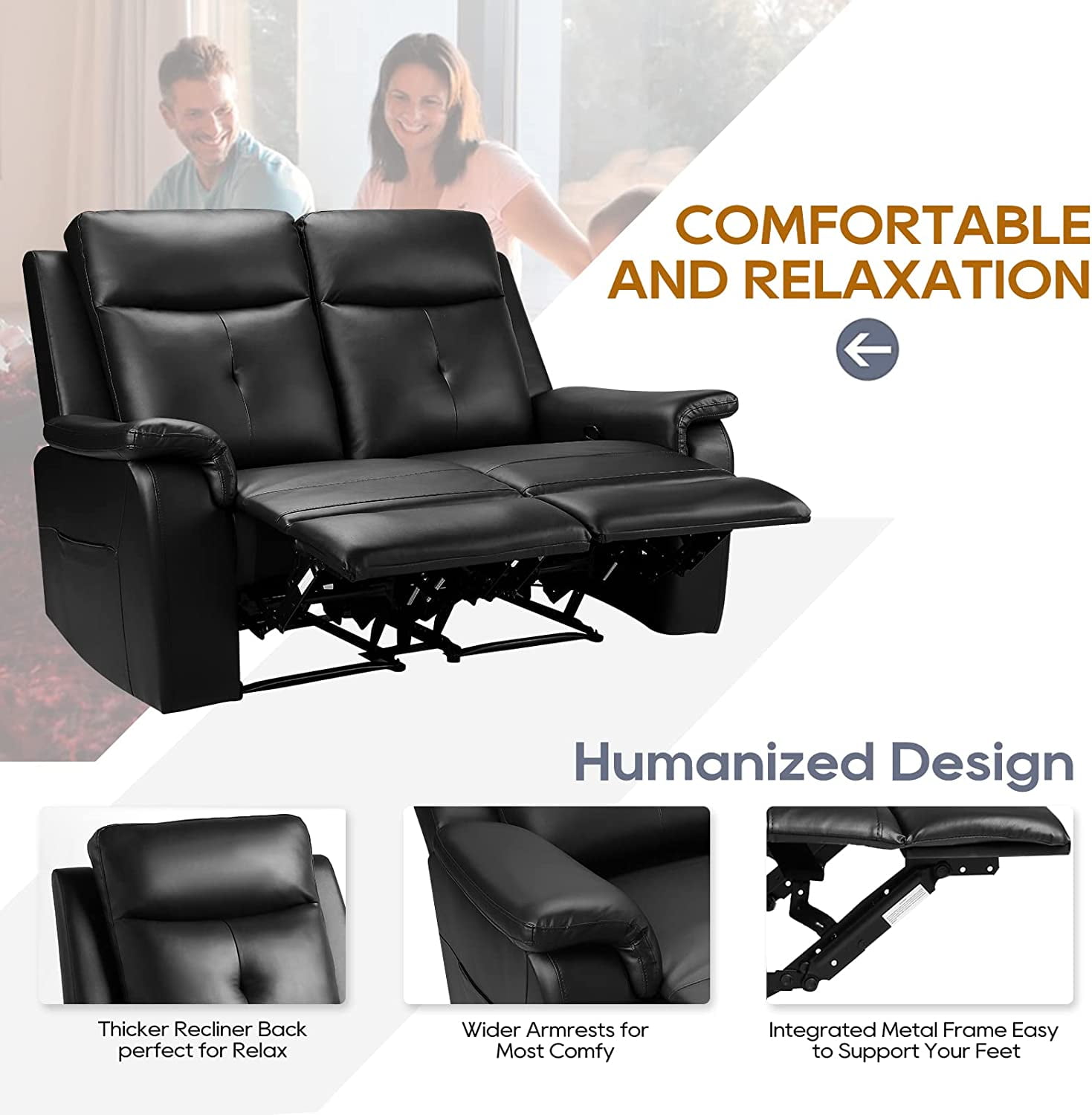 LVUYOYO Modern PU Leather Reclining Loveseat, Black