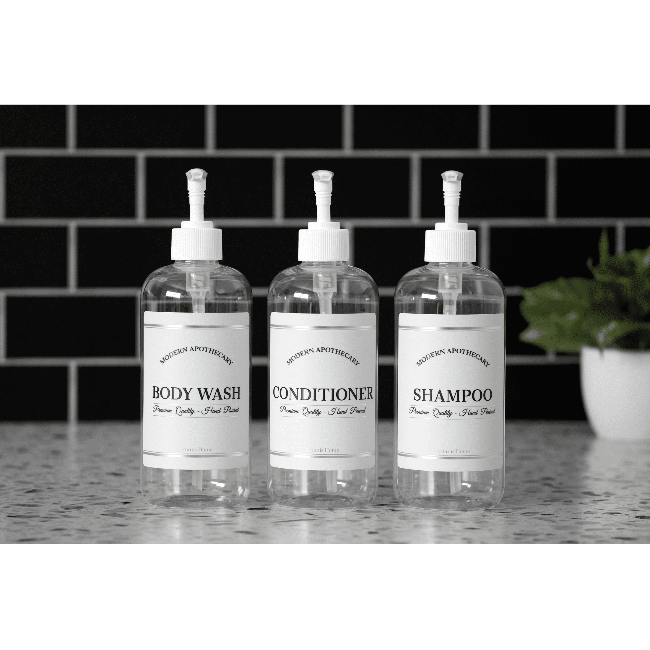 Artanis Home Clear Refillable Body Wash, Shampoo and Conditioner Bottles - PET Plastic Shampoo Bottles with White Plastic Pumps and "Modern Apothecary" Labels- 16 oz, 3 Pack