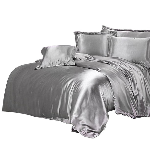Juego de funda nórdica de cama la de cama de seda liso - Funda de almohada, sábana plana, funda de edredón, 4 tamaños y 7 colores d Gris Baoblaze Conjunto de tapa de edredón