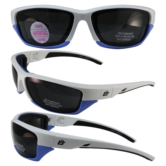 Birdz Eyewear Oriole-2 Padded Motocycle Riding Sunglasses White and Light Blue Frame with Smoke Lenses with Removable Foam Padding