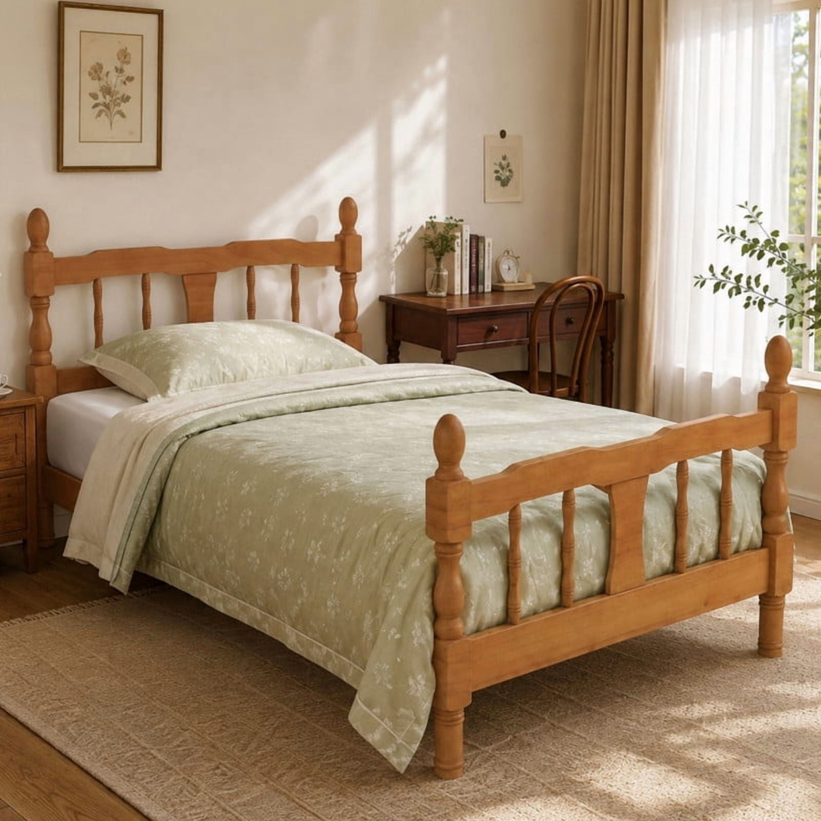 Euroco Wood Twin Size Platform Bed Frame, Classic Farmhouse Bed Frame with Spindle Headboard, Walnut