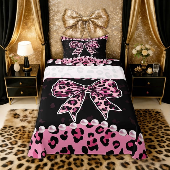 Erosebridal 3D Print Pearl Bowknot Twin Sheet Sets 3pcs for Teens,Girls Vintage Leopard Print Bedding,Breathable Home Decor